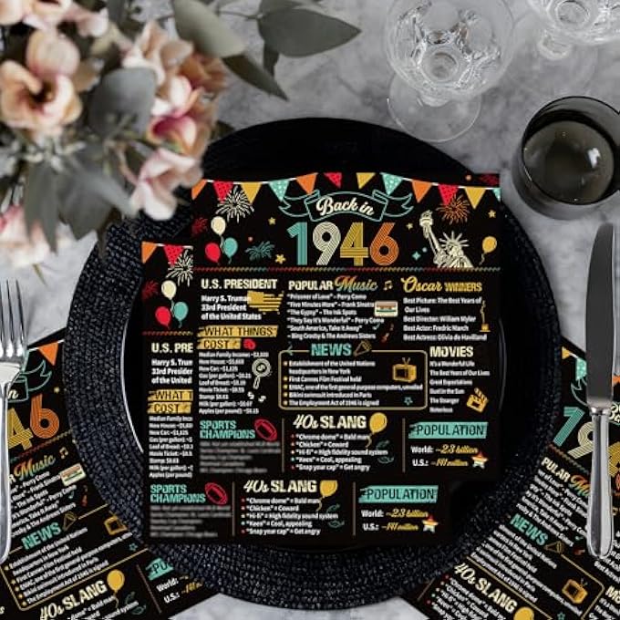 PACK OF 50 NAPKINS 80TH BIRTHDAY MAN WOMAN DECORATION 80TH BIRTHDAY NAPKINS BLACK GOLD FOR MEN AND WOMEN 1946 PAPER HANDKERCHIEFS HANDKERCHIEFS PARTY DECORATION - Image 3